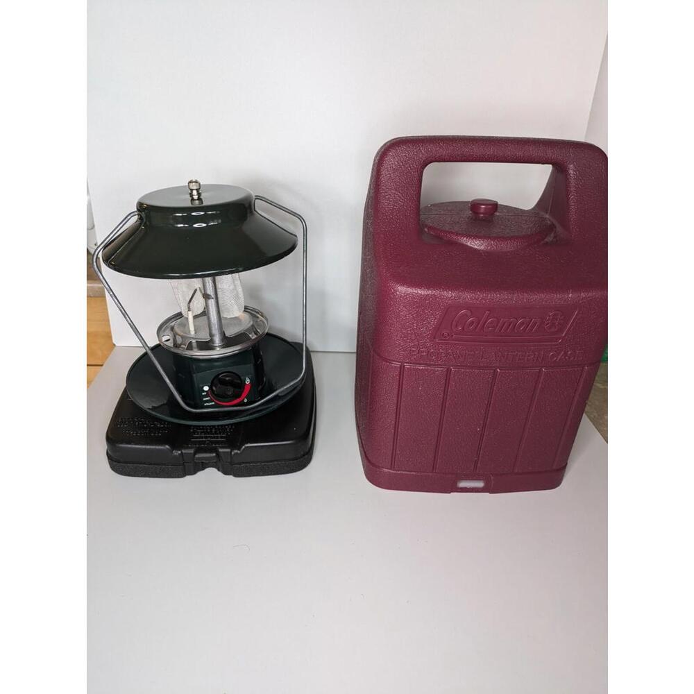 Coleman Propane Lantern Model 5154-097C & Sturdy Burgandy Carry Case-No Glass